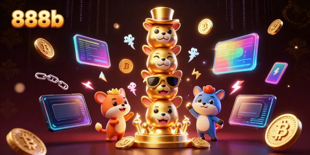 Experience the excitement of 888b with vibrant gaming elements amidst whimsical 3D characters.