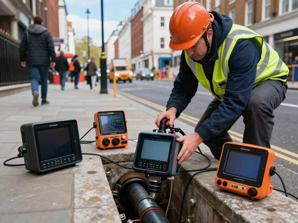 CCTV Drainage Survey London: Expert drainage surveyor using high-tech equipment to inspect underground pipes in a busy urban setting.