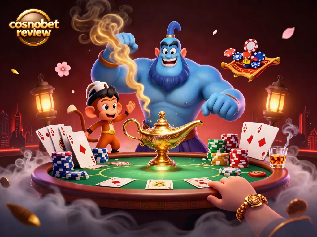 Engaging cosmobet review illustration featuring a genie, monkey, and poker elements in a dynamic casino scene.