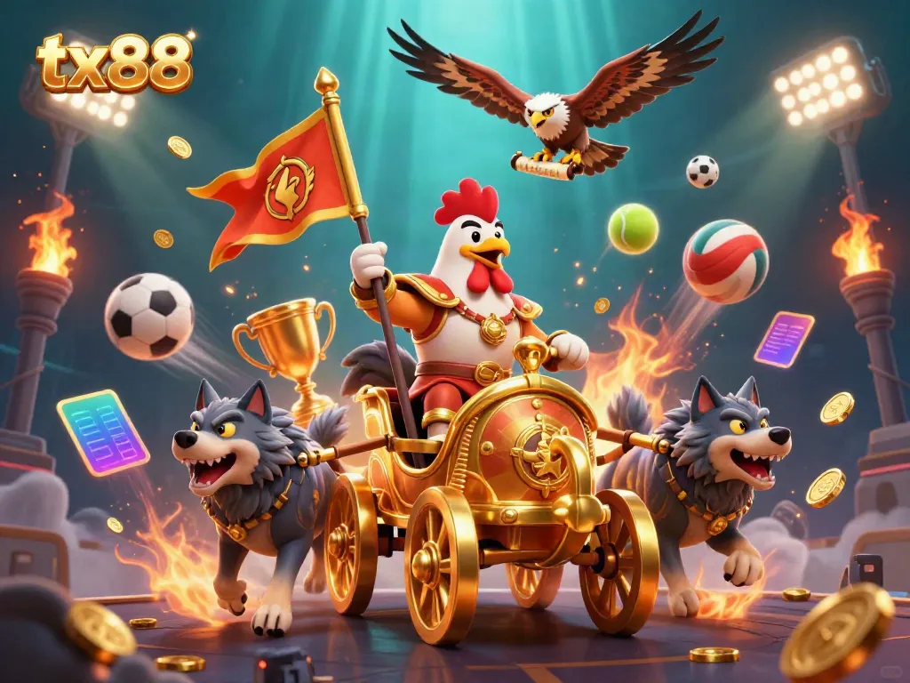 Experience the thrill of tx88 with a rooster warlord commanding a dynamic casino scene.
