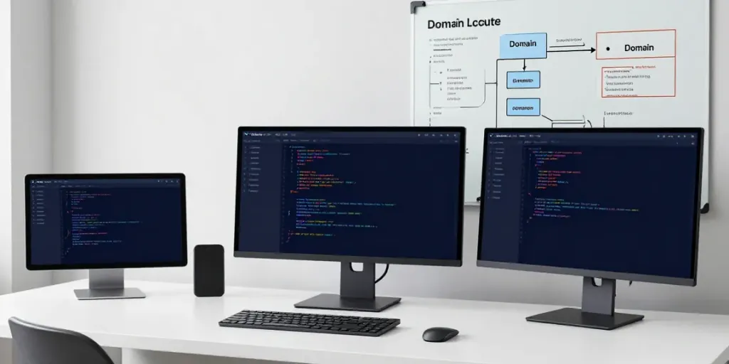 .co.uk domain registration interface on multiple monitors in a modern developer workspace showcasing advanced technology tools.