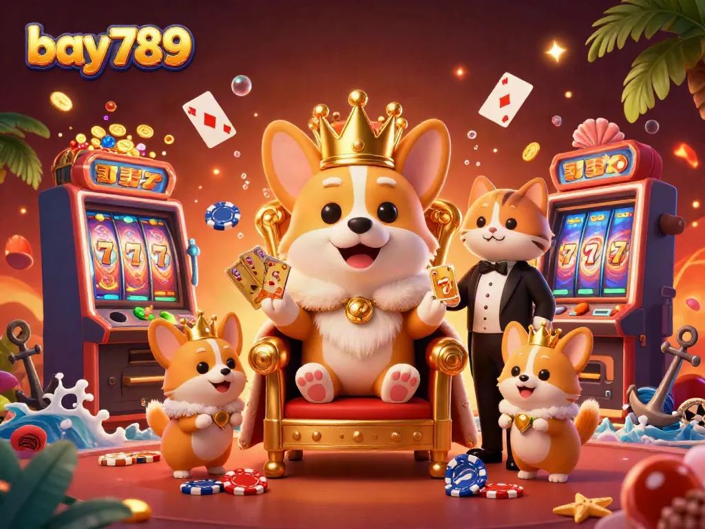 Experience the excitement of bay789 with a royal corgi on a casino throne, surrounded by vibrant gaming elements.