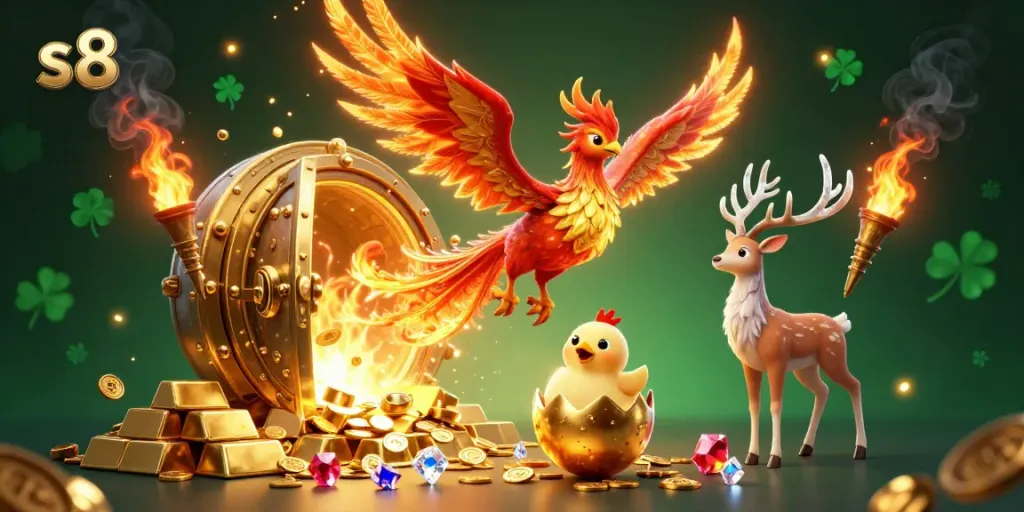 Engage in slots with S8's vibrant gaming scene featuring a phoenix and treasures.