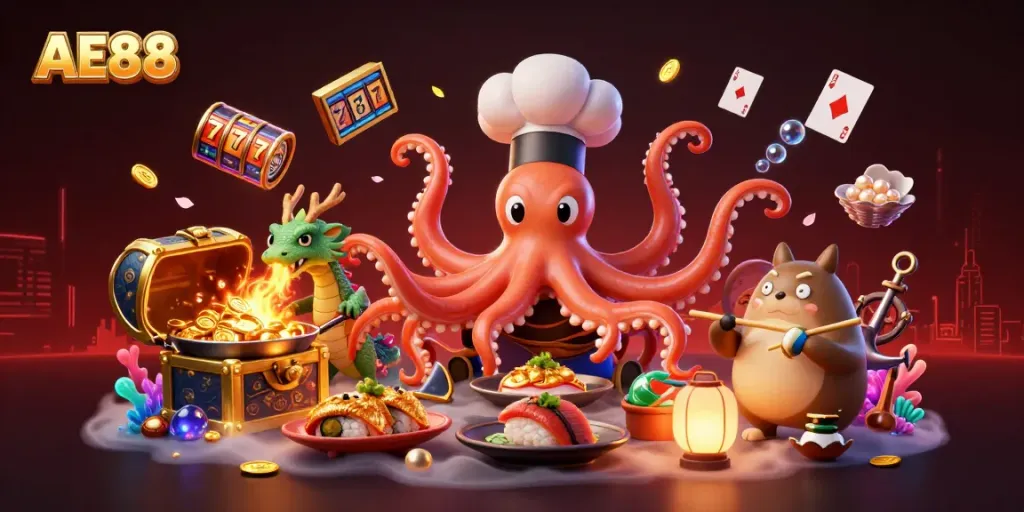 A dynamic AE88 casino scene featuring cartoon characters engaged in exciting betting action, showcasing slot elements and vibrant visuals.