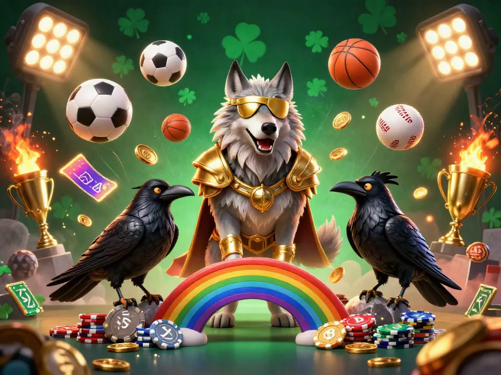 Experience the excitement of 78win's vibrant casino arena with Odin and his ravens amid flying sports balls and golden elements.
