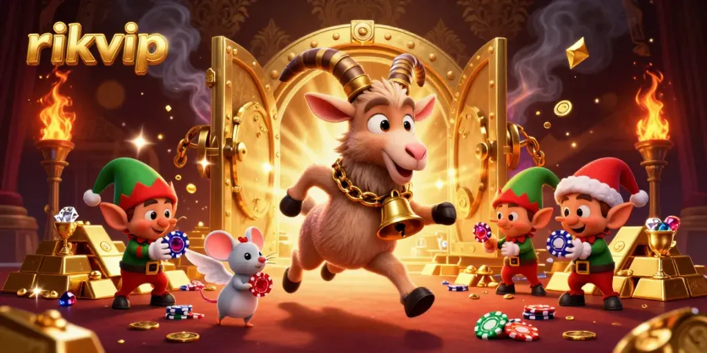 Experience thrilling gameplay at rikvip with a vibrant casino scene featuring a Krampus goat and playful characters.