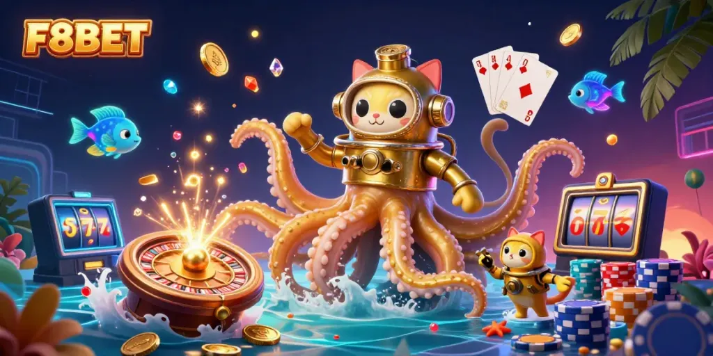 Experience the thrill of F8BET with a cartoon kraken, diving cat, and vibrant casino elements.