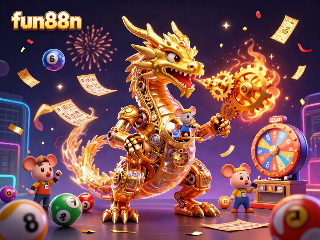 Engage in thrilling gameplay at fun88n with a vibrant 3D casino scene featuring dynamic lottery elements.