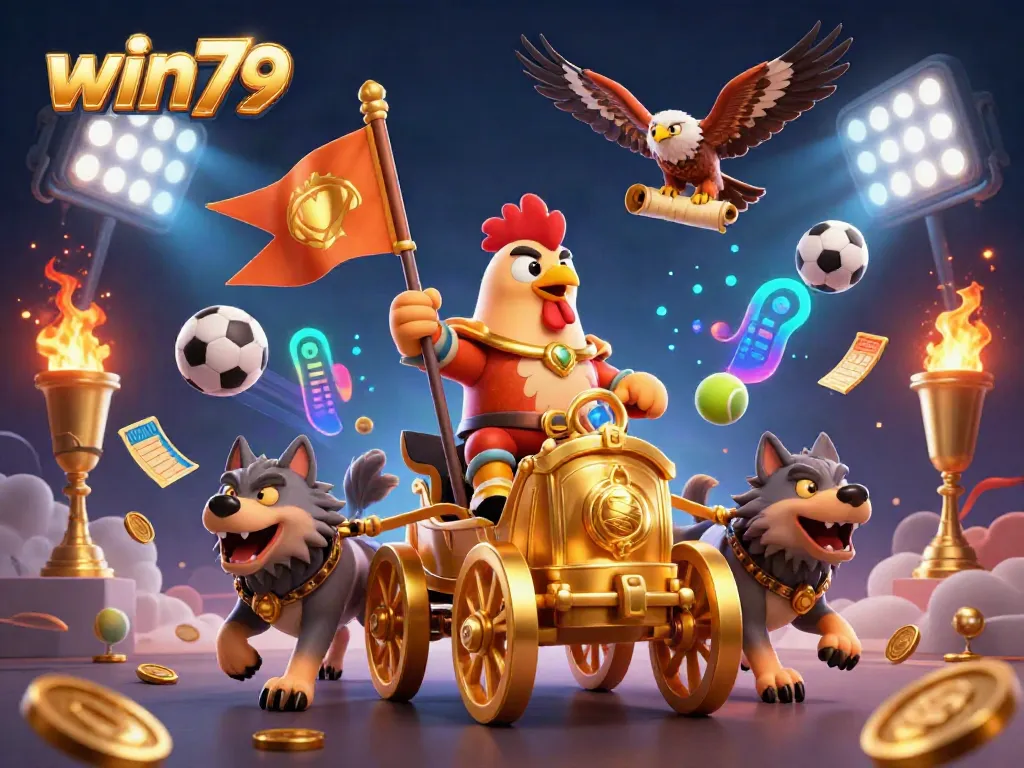 Join the action with win79, featuring dynamic sports elements and cartoon-style characters in a vibrant casino scene.