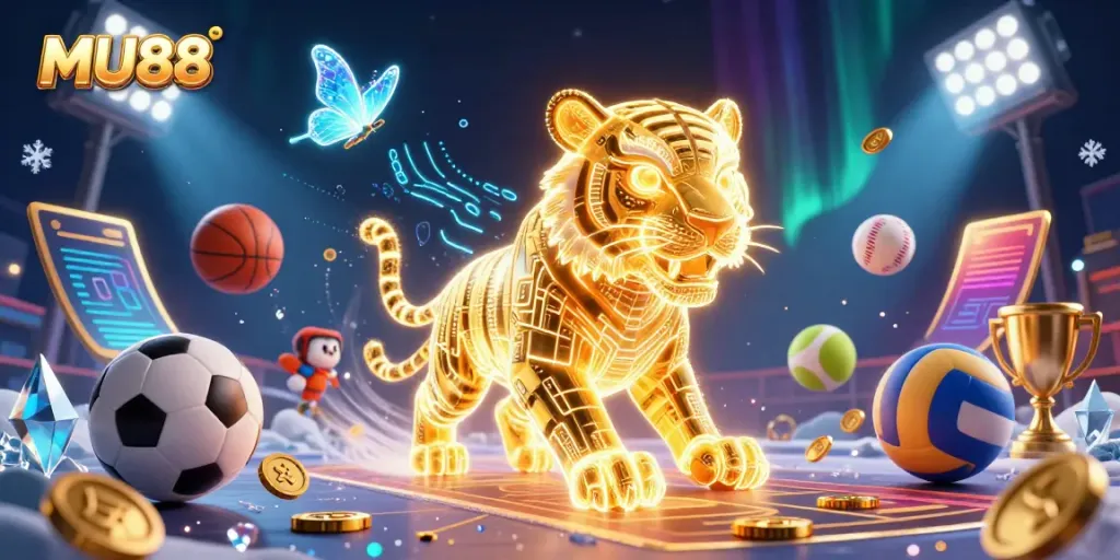 Experience thrilling gameplay with MU88 in this vibrant casino illustration featuring animated sports elements.