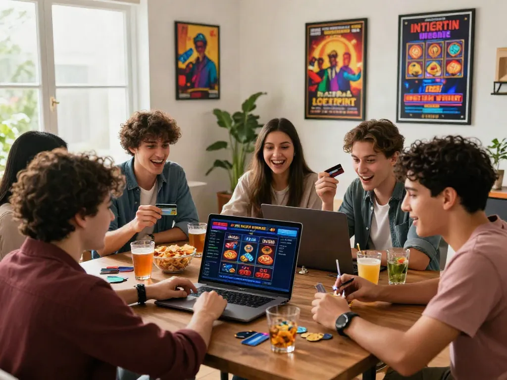 Friends celebrating while exploring online casinos that accept credit card, showcasing excitement and variety.
