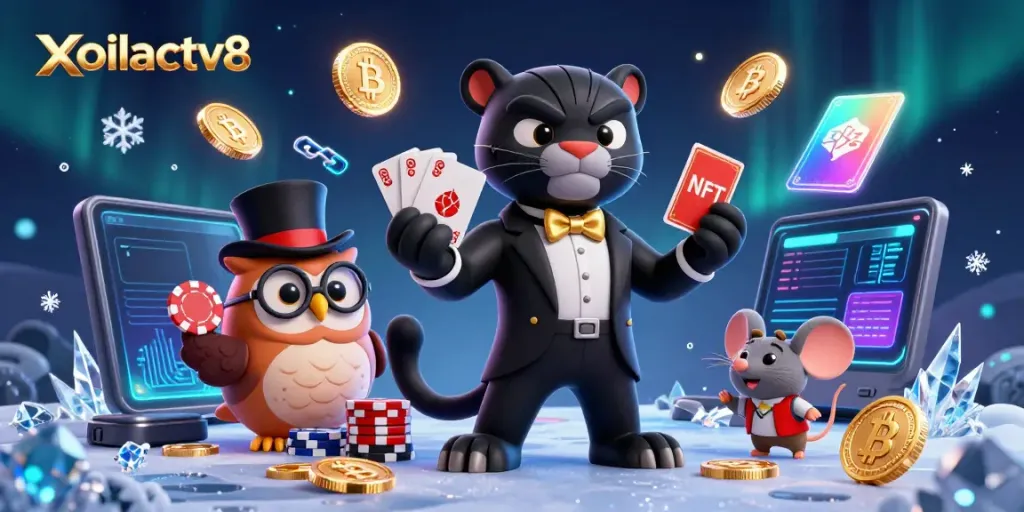 Xoilactv8 showcases vibrant crypto-themed casino excitement with a stylish panther dealing cards.