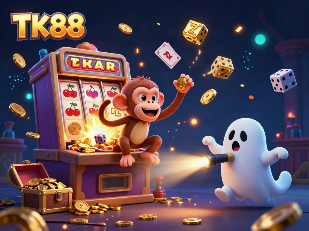 Engage with TK88's thrilling atmosphere featuring a mischievous monkey and a ghost-hunter puppy in a vibrant casino.