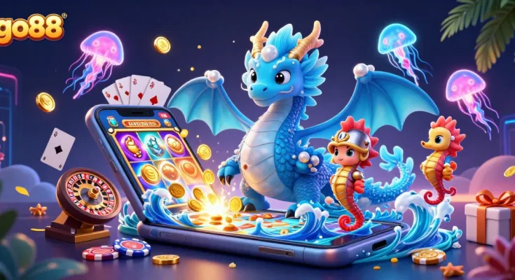 Experience thrilling adventures with go88 featuring an azure dragon, seahorse knight, and glowing jellyfish.