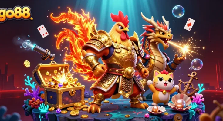 Experience thrilling gaming adventures with go88, featuring a unique fighting rooster and dragon warriors in an exciting casino setting.