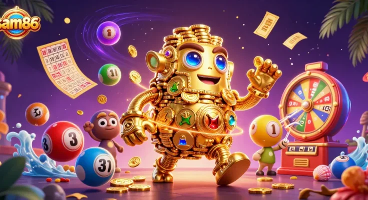 Experience the excitement of sam86 with dynamic lottery elements and a golden golem amidst vibrant colors.
