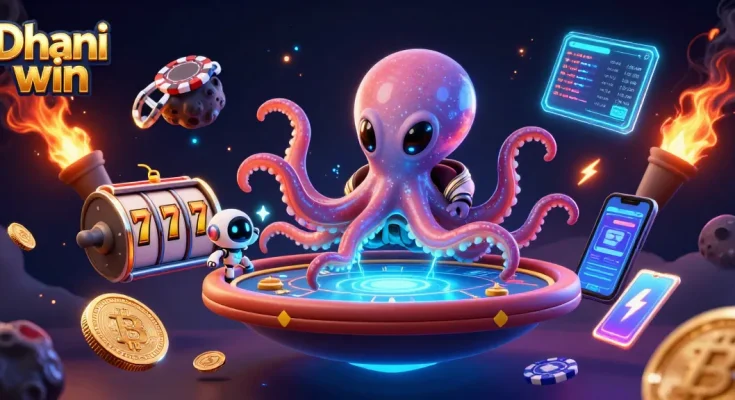 Dhani win showcases a vibrant scene with an alien octopus and tiny robot gambling at a poker table.