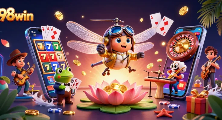 Experience thrilling games at 98win with vibrant slots, a dragonfly pilot, and exciting casino action.