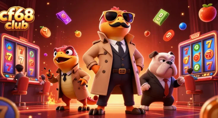 Enjoy lively gambling action at cf68 club featuring cartoon raptors in a trench coat amidst vibrant slots.
