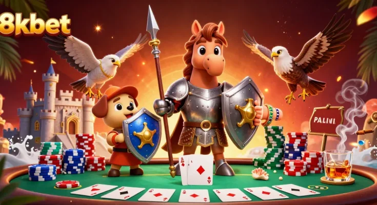 Experience exciting gameplay at 8xbet with knights and poker in an ultra-detailed 3D scene.