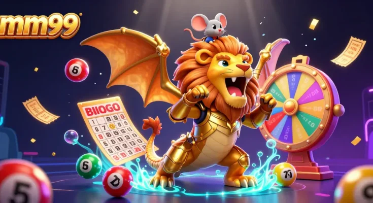 Experience the thrill of mm99 with a vibrant 3D casino scene featuring a chimera and dynamic gaming elements.