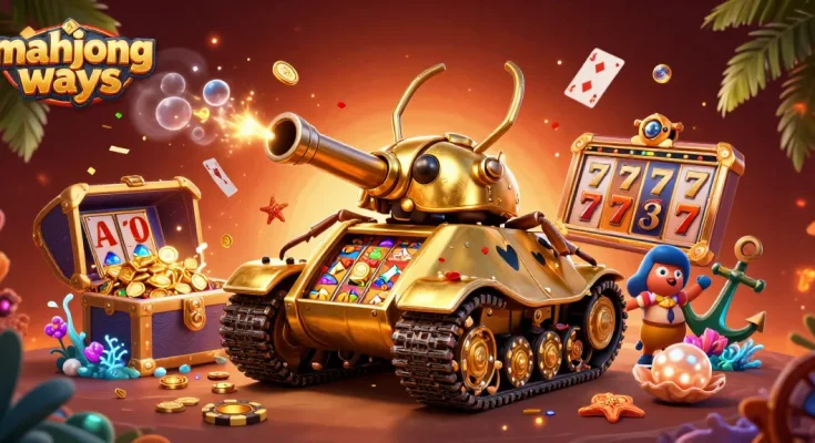 Experience mahjong ways excitement with this vibrant 3D illustration showcasing a golden beetle tank casino.
