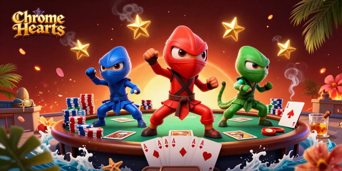 Chrome Hearts team of chameleon ninjas showcasing synchronized bets at a dynamic poker scene.