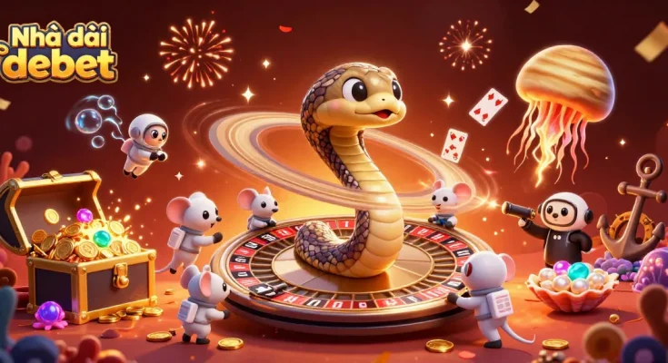 Place bets and enjoy vibrant gaming with Nhà cái Debet at this 3D cosmic casino illustration.