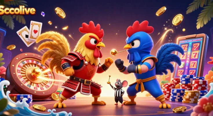 Socolive presents an epic showdown of cartoon fighting roosters in a vibrant casino-themed atmosphere