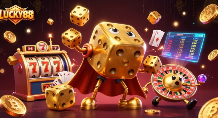 Experience exciting gaming action at LUCKY88 with a golden dice golem and jackpot elements