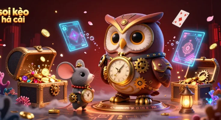 Bet on soi kèo nhà cái with a colorful illustration showcasing a steampunk owl and casino elements in a vibrant scene.
