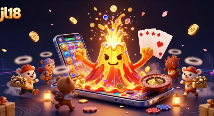 Experience the thrill with jl18 in this vibrant casino scene featuring gold coins, slots, and triumphant characters.