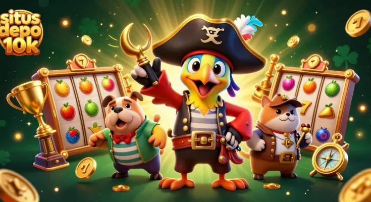 Situs depo 10k showcases a vibrant slot gaming scene with pirate characters engaging in winning strategies.