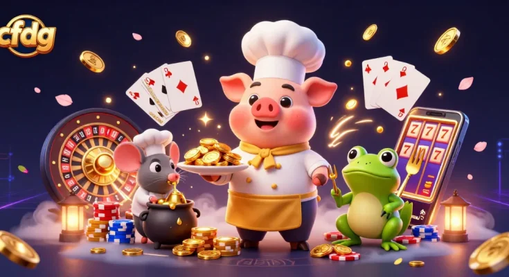 Experience thrilling moments with cfdg as cartoon characters celebrate casino wins in a vibrant atmosphere.