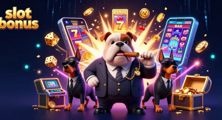 Experience thrilling gameplay with slot bonus illustrated by a mafia bulldog and his bodyguards amidst slot machines.