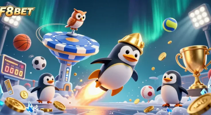 Experience the thrill of F8BET with a golden penguin and vibrant sports elements in a dynamic casino-themed scene.