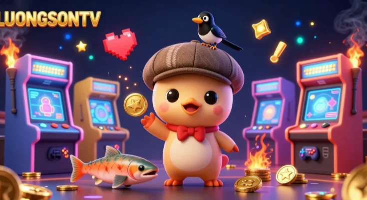 Experience the exciting atmosphere of LUONGSONTV with dynamic illustrations of animated characters surrounded by gambling elements.