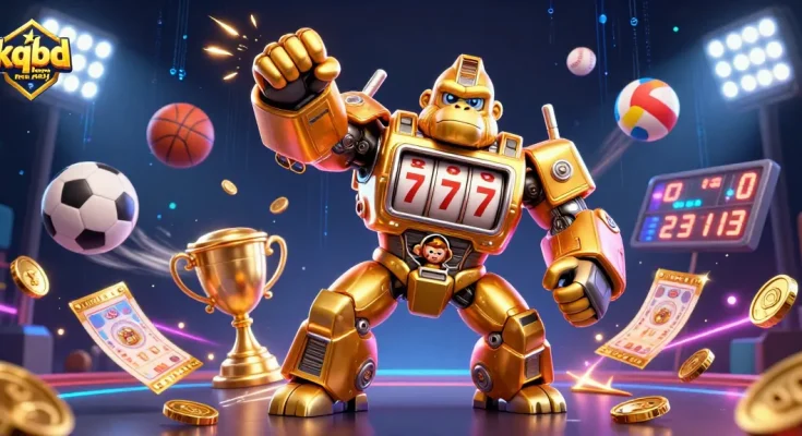 Experience thrilling action with kqbd hom nay featuring a golden gorilla mech amidst sports elements and coins.