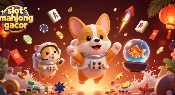 Experience thrill with slot mahjong gacor as cartoon characters float in a vibrant casino.