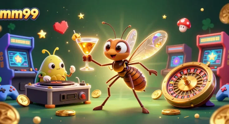 Experience the vibrant mm99 casino world with unique characters and exciting gaming elements in a captivating illustration.