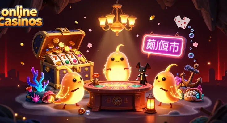 Experience online casinos with glowworms and a bat dealer in a vibrant cave-themed casino scene.