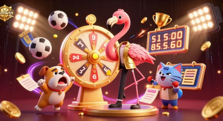 Spin to win with sunwin: Exciting scene featuring gaming characters and vibrant prizes.