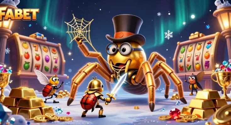 Engage with FABET's vibrant casino scene featuring a golden tarantula and beetle knight in action.