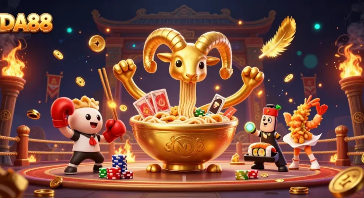 DA88 showcases a lively casino scene with a giant ramen bowl dealer and vibrant game elements.