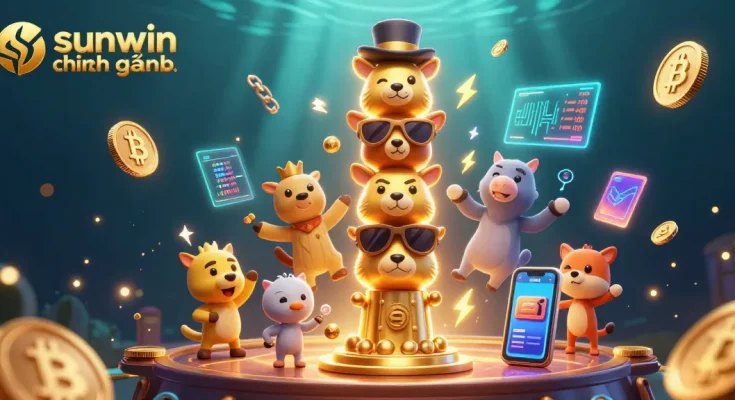 Win exciting rewards with sunwin chính hãng featuring golden totem pole and neon crypto elements.