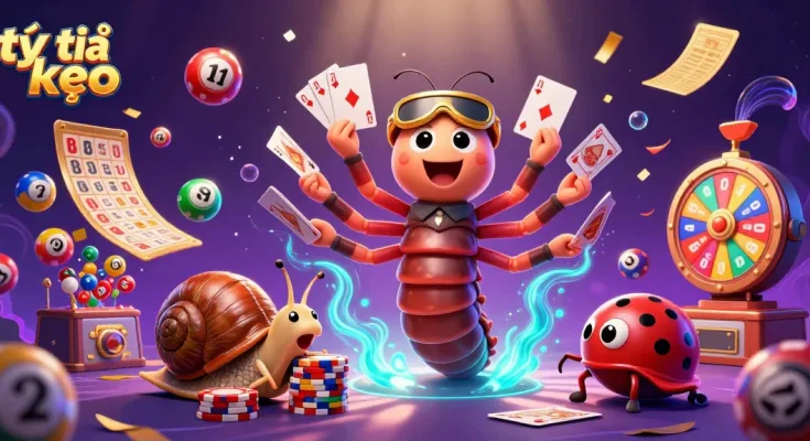 Experience dynamic tỷ lệ kèo excitement with colorful characters and lively gambling elements in this vibrant illustration.