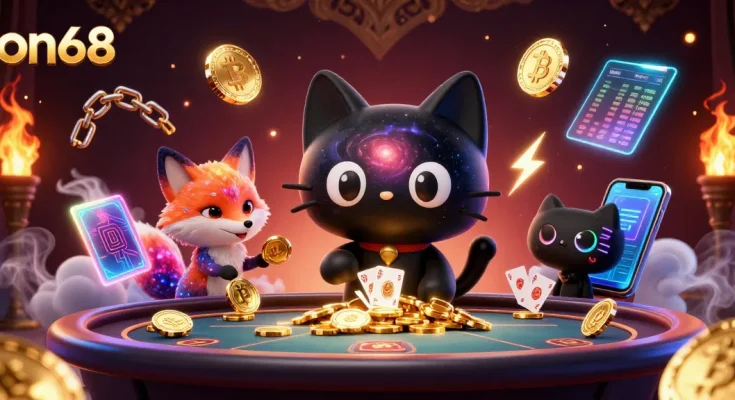 Engage with thrilling gameplay at on68's cosmic casino, featuring vibrant characters and crypto elements.