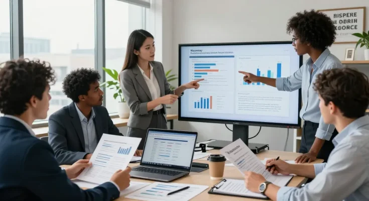 Team discussing worldpay merchant cash advance strategies in a modern office.