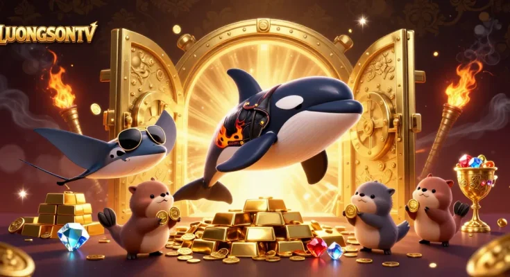 LUONGSONTV showcases a dynamic scene with an orca and otters celebrating wealth among treasures.