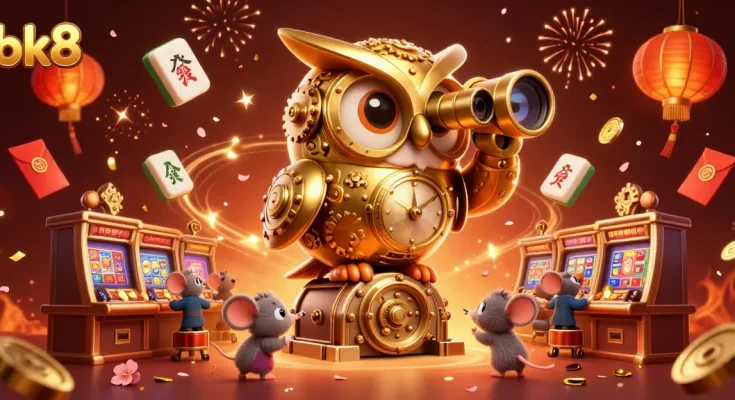 Experience bk8's vibrant casino thrills with a golden owl watching over scurrying mouses and festive game elements.